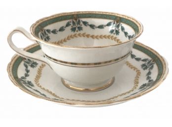 Grosvenor Teal And Gold Bone China Tea Cup & Saucer With Floral Interior. Bristol Festoon, England