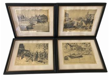 Four Framed Lionel Barrymore Gold Foil California Fishing Village Prints