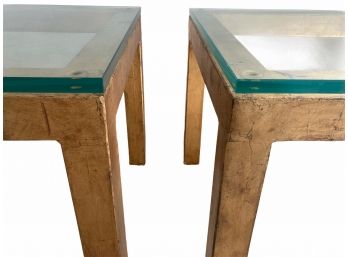 Pair Of Vintage MCM Glass Topped Gold Burnished Metal Tables