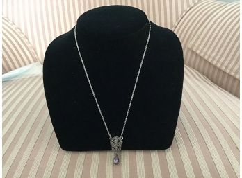 Sterling Silver And Marcasite Necklace With Amethyst Drop