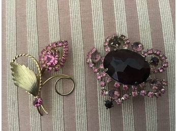 Two Gold Tone And Faceted Pink Rhinestone Pins