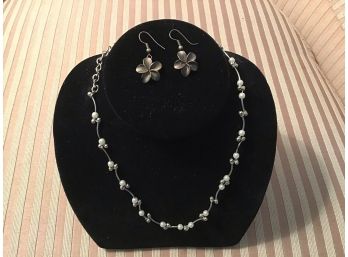 Silver And Faux Pearl Necklace And Silvered Floral Earrings - Lot #23