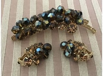 Vintage Iridescent Copper Bead And Rhinestone Pin And Earring Set