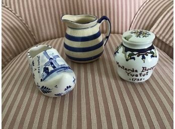Three International Containers Pieces Including China Delft Shoe, Pitcher, Etc.
