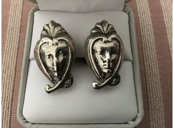 Vintage Sterling Silver Earrings In Facial Design