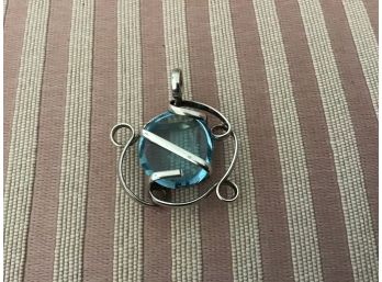 Silvered Modernistic Pendant Centered With Blue Oval