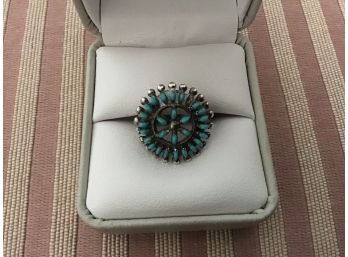 Zuni Sterling Silver And Turquoise Sunburst Ring