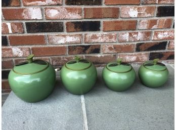 Four Vintage Apple Green Aluminum Apple Shaped Cannisters