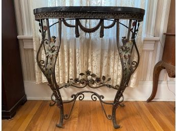 French Wrought Iron Marble Top Demilune Table