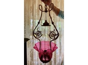 Brass & Cranberry Glass Victorian Hanging Lantern