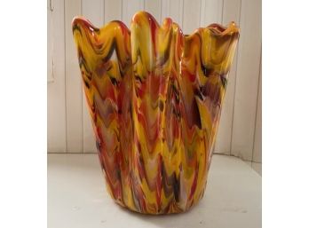 Orange Swirl Ruffled Art Glass Vase