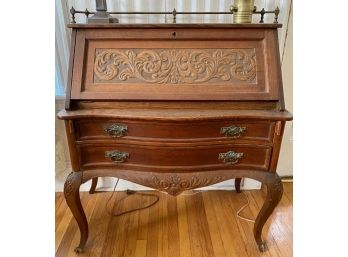 Lovely English Oak Carved Drop Front Desk With Brass Galleried Top