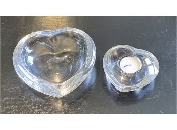 ORREFORS Two  Heart Shaped Votive & Candy Dish