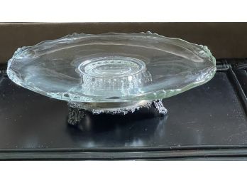 A Vintage Glass Cake Stand On Silver Plate Base