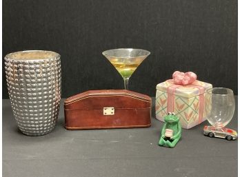 Miscellena Lot, Silver Studded Vase, Card Holder, Frog Figurine