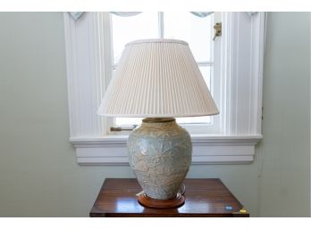 Vintage Ceramic Table Lamp W Raised Floral Leaf Design, W Lined Pleated Shade & Finial