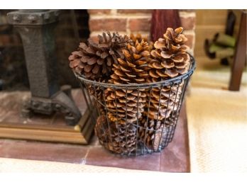 Natural Large Pine Cones In Vintage Round Wire Basket