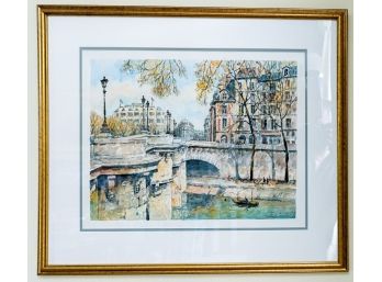 Parisian Street And River Scene Watercolor Painting By French Artist Pierre E. Cambier (1914-2001) - Framed An