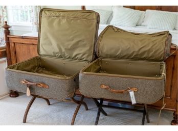 Vintage Hartmann Brown Leather And Tweed Fabric Suitcases - A Pair