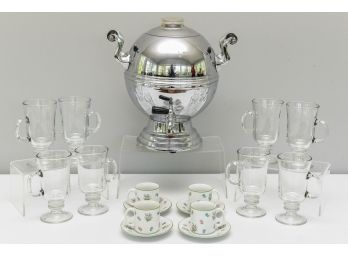 Art Deco LaBelle Silver Co. Chrome Percolator, Set Of Eight Irish Coffee Mugs, Four Espresso Cups And Saucers