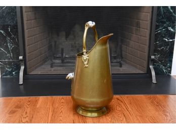 Brass Coal Ash Scuttle Bucket With Porcelain Handle And Lion Accents