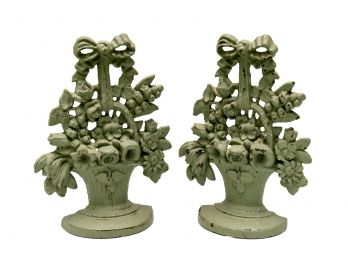 Pair Of Cast Iron Floral Basket Form Door Stops/book Ends