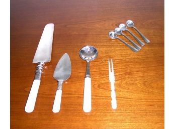 Set Of 4 Salt Spoons Plus Utensils With Mother Of Pearl Handles