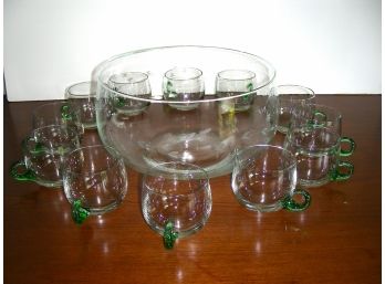 Etched Glass Punch Bowl And Set Of 12 Green-handled Glass Punch Cups