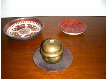 Two Hong Kong Decorated Plates And A Brass Bell