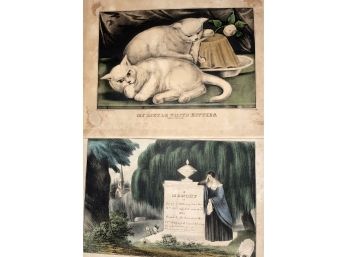 Vintage Currier & Ives My Little White Kitten &  In Memory Of