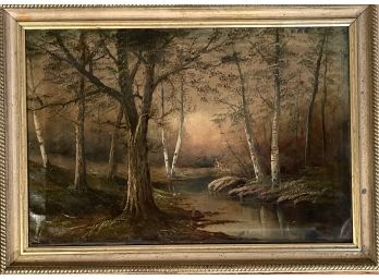 Oil On Canvas Large Painting Woods Signed