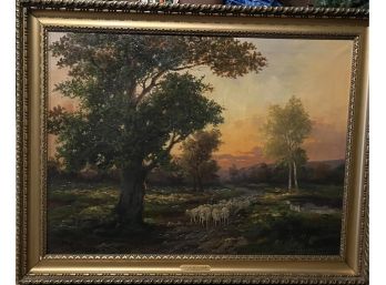 Sheep And Sunset Oil On Canvas Signed Ludwig Schweiger