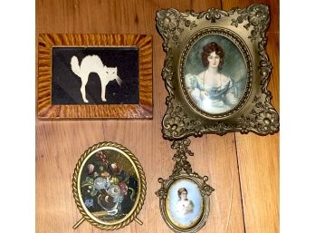 Lot Of 4 Miniature Painted 2 Portraits , Cat And Still Life