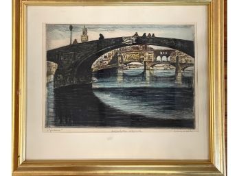 Vintage Florence Italy Hand Colored Etching Signed Sainlay