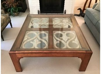 Large Henredon Glass Top Coffee Table With Fleur De Lis Cast Stone Detail 48 X 54 IMPRESSIVE!