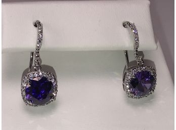 Wonderful Deep Color Amethyst Earrings Set In Sterling Silver With White Sapphires - VERY NICE !