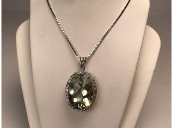 Gorgeous Sterling Silver 18' Box Chain Necklace With Large Green Amethyst Pendant Encircled With White Topaz