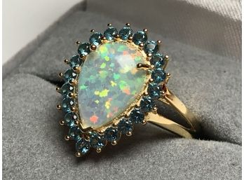 Beautiful Sterling Silver Ring With 14kt Overlay With Teardrop Opal Encircled With Aquamarines BEAUTIFUL !