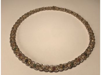 Incredible 18' Sterling Silver & 14kt Overlay Necklace With Rubies - Emeralds -sapphires - Very Unusual Piece