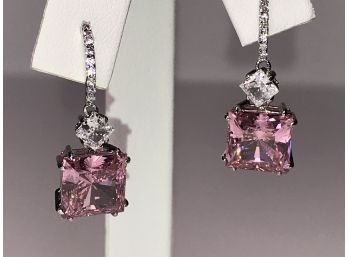 Stunning Pair Of Square Pink Tourmalines & White Sapphires All Set In Sterling Silver - FANTASTIC Pair