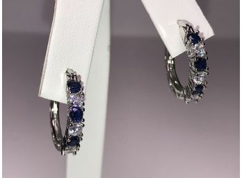 Lovely Pair Of Sterling Silver Earrings Set With White Topaz & Blue Sapphires VERY Elegant & Classic Look