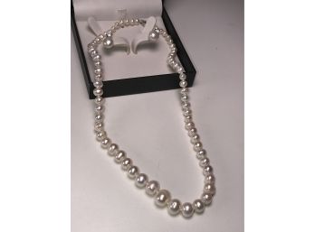 Fabulous Brand New Freshwater Pearls - Necklace & Earrings In Sterling Silver With White Sapphires VERY NICE !