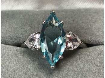 Fabulous Sterling Silver / 925 Ring With Marquis Cut Aquamarine Flanked By White Sapphires - BEAUTIFUL !