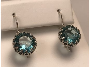 Gorgeous Vintage Pair Sterling Silver / 925 Earrings With Aquamarines Very Pretty Pair - Nice Deep Color