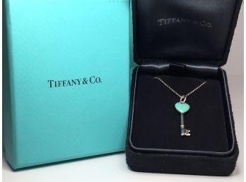 Stunning TIFFANY & Co. Sterling Silver Necklace With Enamel Tiffany Heart / Key Pendant - BEAUTIFUL PIECE !