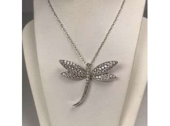 Fantastic 925 / Sterling Silver - 17' Necklace With Dragonfly Pendant Covered In White Sapphires