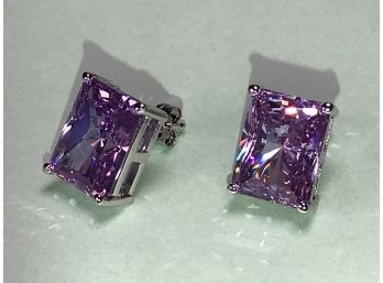 Beautiful Sterling Silver / 925 Earrings With Large Emerald Cut Amethysts - VERY Nice Pair