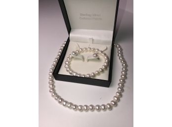 Gorgeous Three Piece Suite Of Freshwater Pearls In Sterling Silver In Original Gift Box VERY PRETTY Set