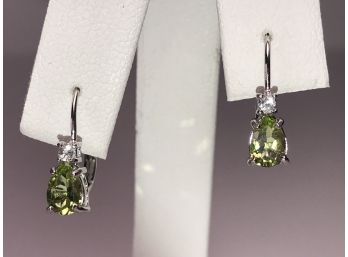 Lovely Sterling Silver / 925 & Peridot Earrings With White Sapphire - FANTASTIC PAIR - Very Pretty