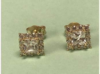 Beautiful Square Sterling Silver With 14kt Gold Overlay Earrings With ALL White Sapphires - AMAZING LOOK !